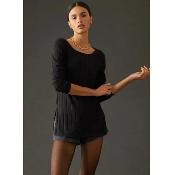 Anthropologie Shirt Womens X Small Black Ribbed‎ Knit Side Slit Tunic Top - Picture 1 of 9